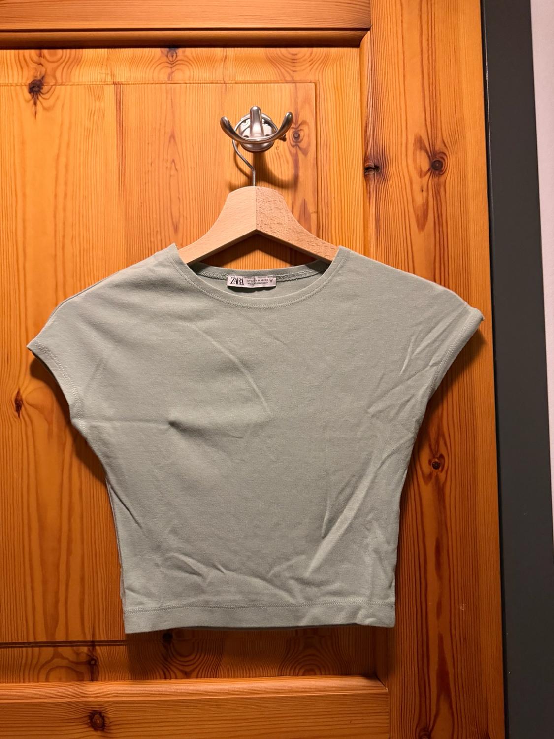 Light green short-sleeved T-shirt hanging on a hanger over a wooden door. ZARA can be read on the label.