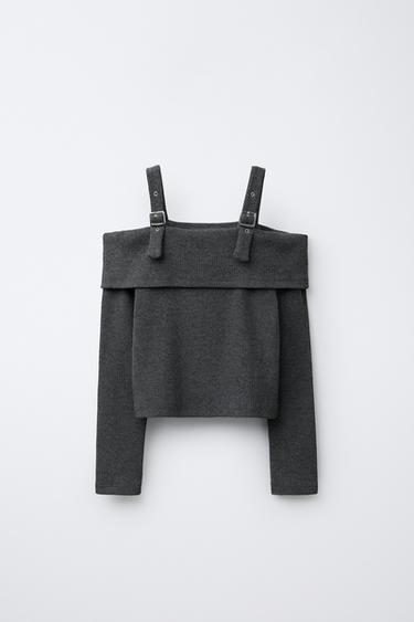 RIBBED T-SHIRT WITH BUCKLES - Grey marl by Zara