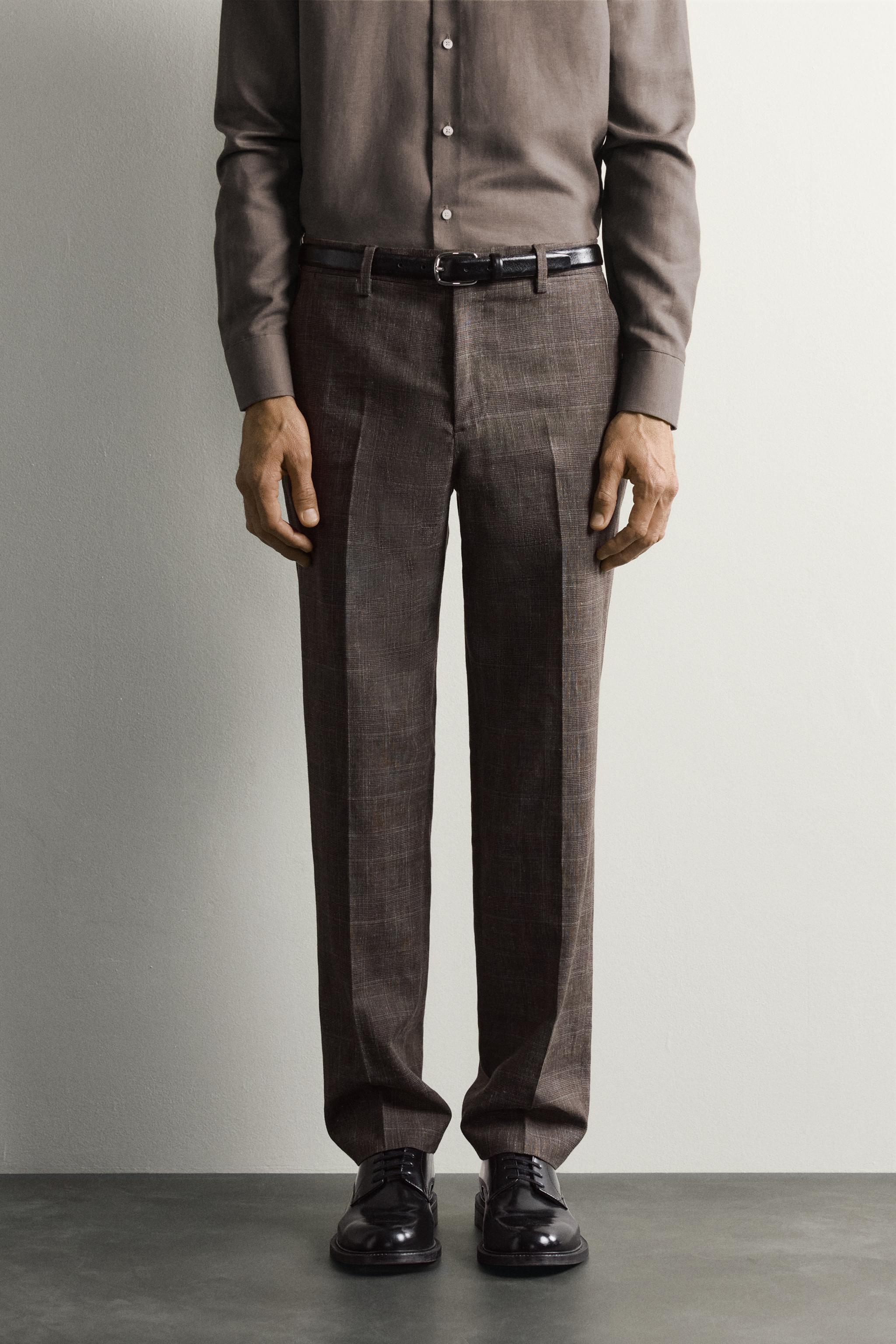 LINEN AND WOOL CHECK SUIT PANTS — Brown (alternate view)