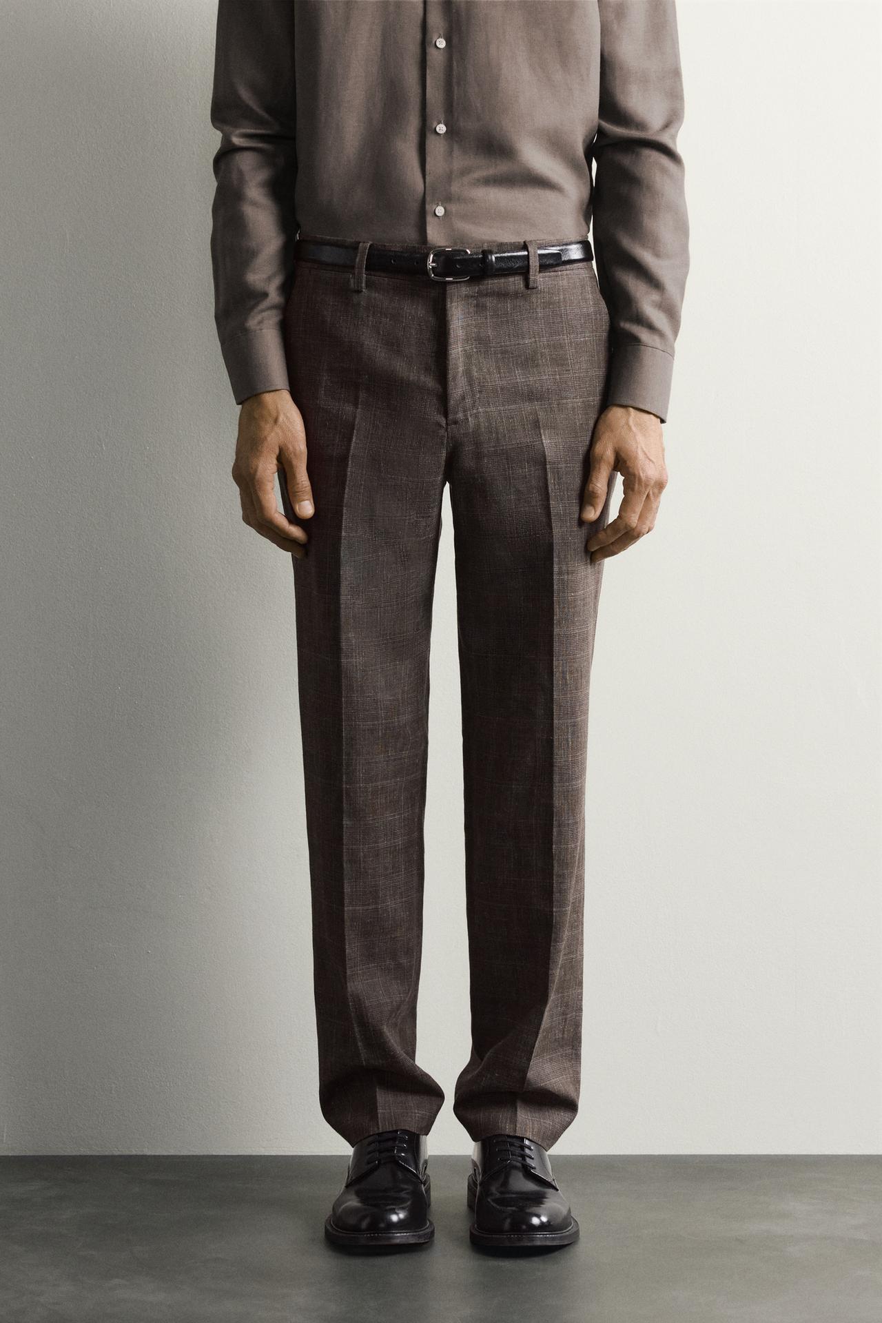LINEN AND WOOL CHECK SUIT PANTS — Brown