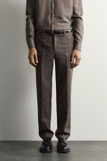 LINEN AND WOOL CHECK SUIT TROUSERS - Brown by Zara