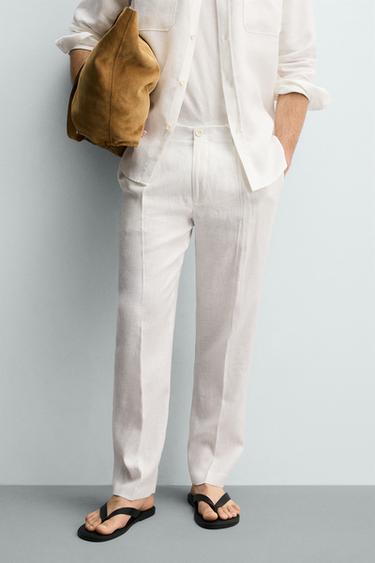Zara REGULAR FIT 100% LINEN PANTS - White