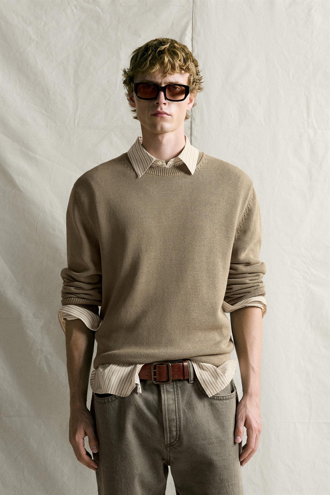 100% COTTON REGULAR FIT SWEATER — Light beige