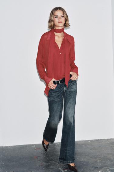 بلوزة مطبعة بأربطة ZW COLLECTION - أحمر الخاص بـ Zara - صورة 0