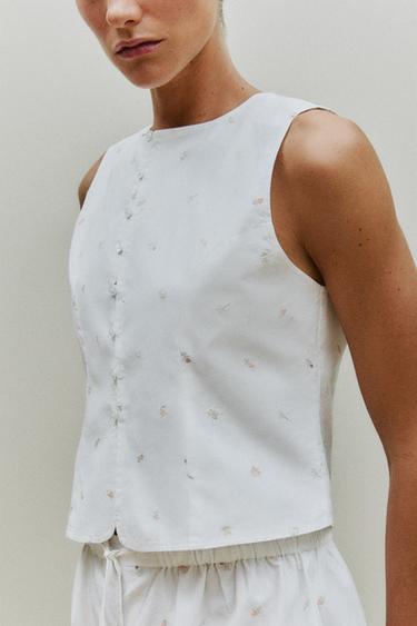 TOP COTON BRODERIES LYS - Blanc de Zara - Image 5