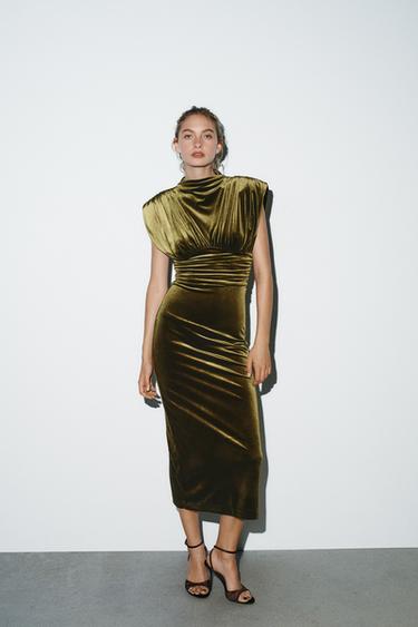 DRAPED VELVET MIDI DRESS - Bottle green by Zara