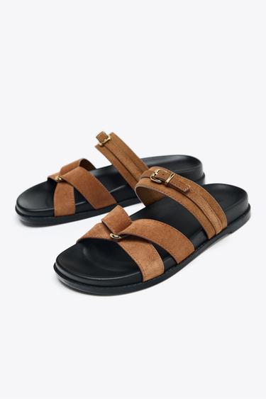 SPLIT SUEDE CROSS STRAP SANDALS - Dark tan by Zara - Image 3