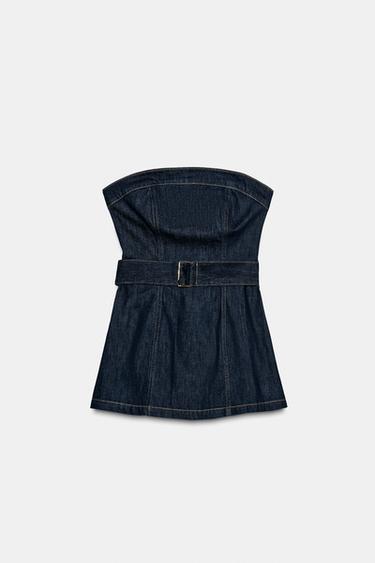 Zara Z1975 DENIM STRAPLESS BELTED TOP - Blue