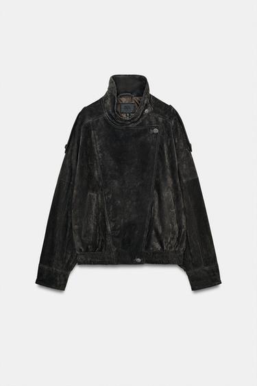 Zara 100% 麂皮騎士外套,配有包覆式鈕扣 - 碳色