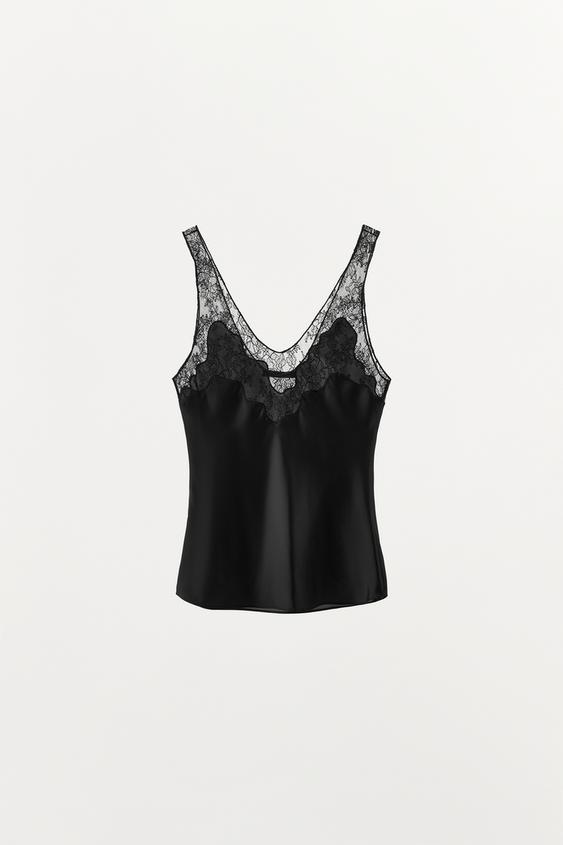 ZW COLLECTION レーストリムキャミソールトップス - ブラック | ZARA 