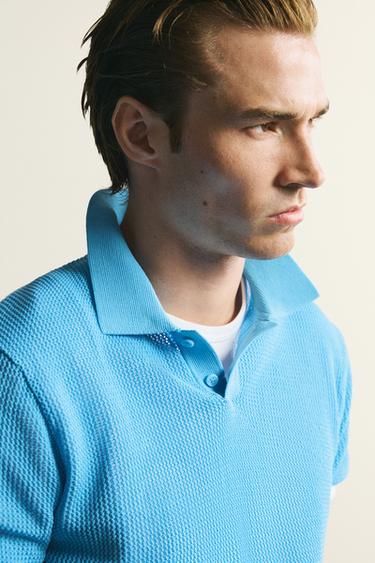 Zara OPEN-KNIT TEXTURED POLO - Light blue