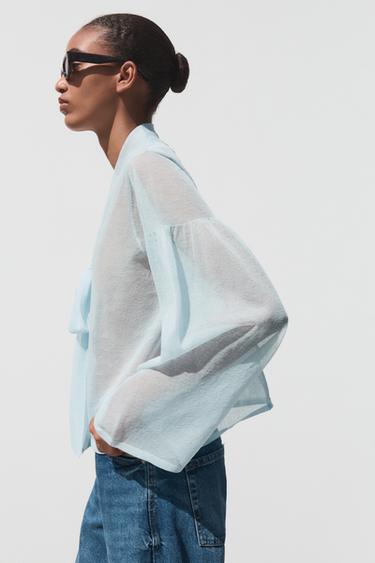 SEMI-SHEER KNITTED BLOUSE - Sky blue by Zara - Image 3