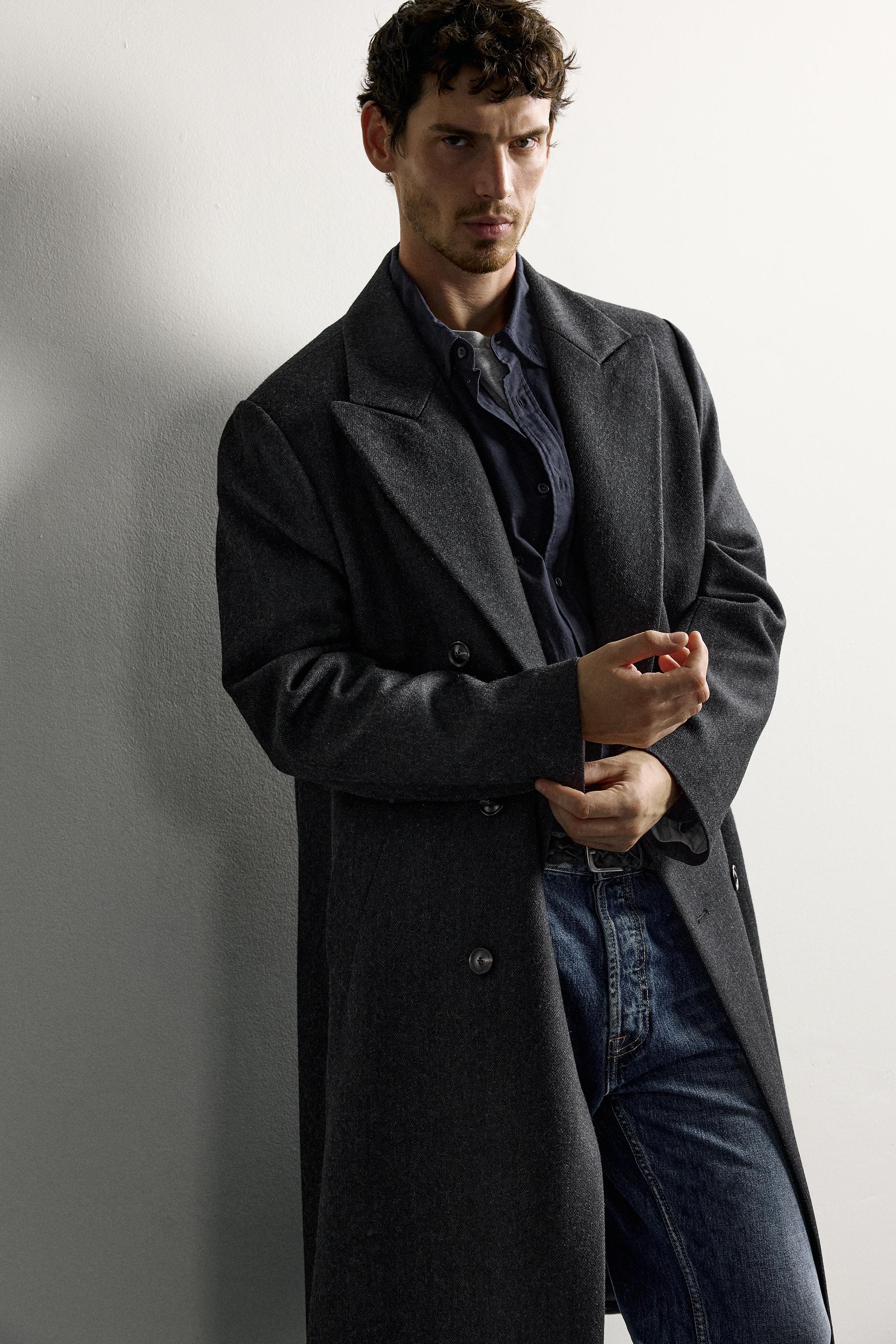 100% WOOL HERRINGBONE DOUBLE-BREASTED COAT