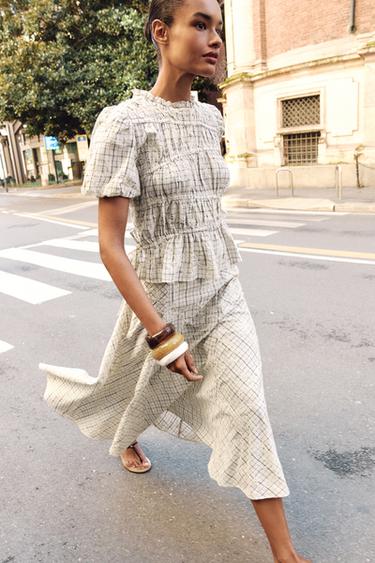 JUPE À CARREAUX BRODÉS AVEC LACETS - Blanc / Noir de Zara - Image 0