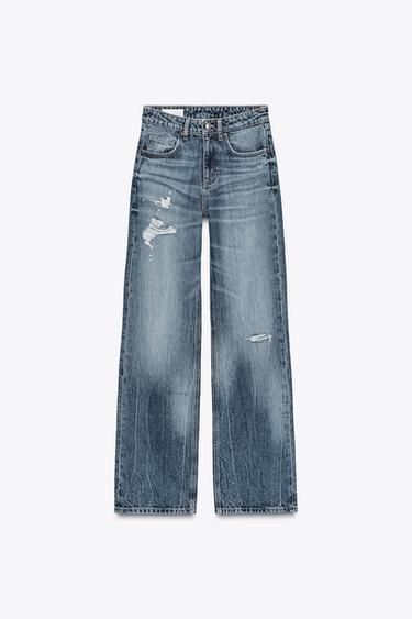TRF RIPPED MID-WAIST WIDE-LEG JEANS - Blue by Zara