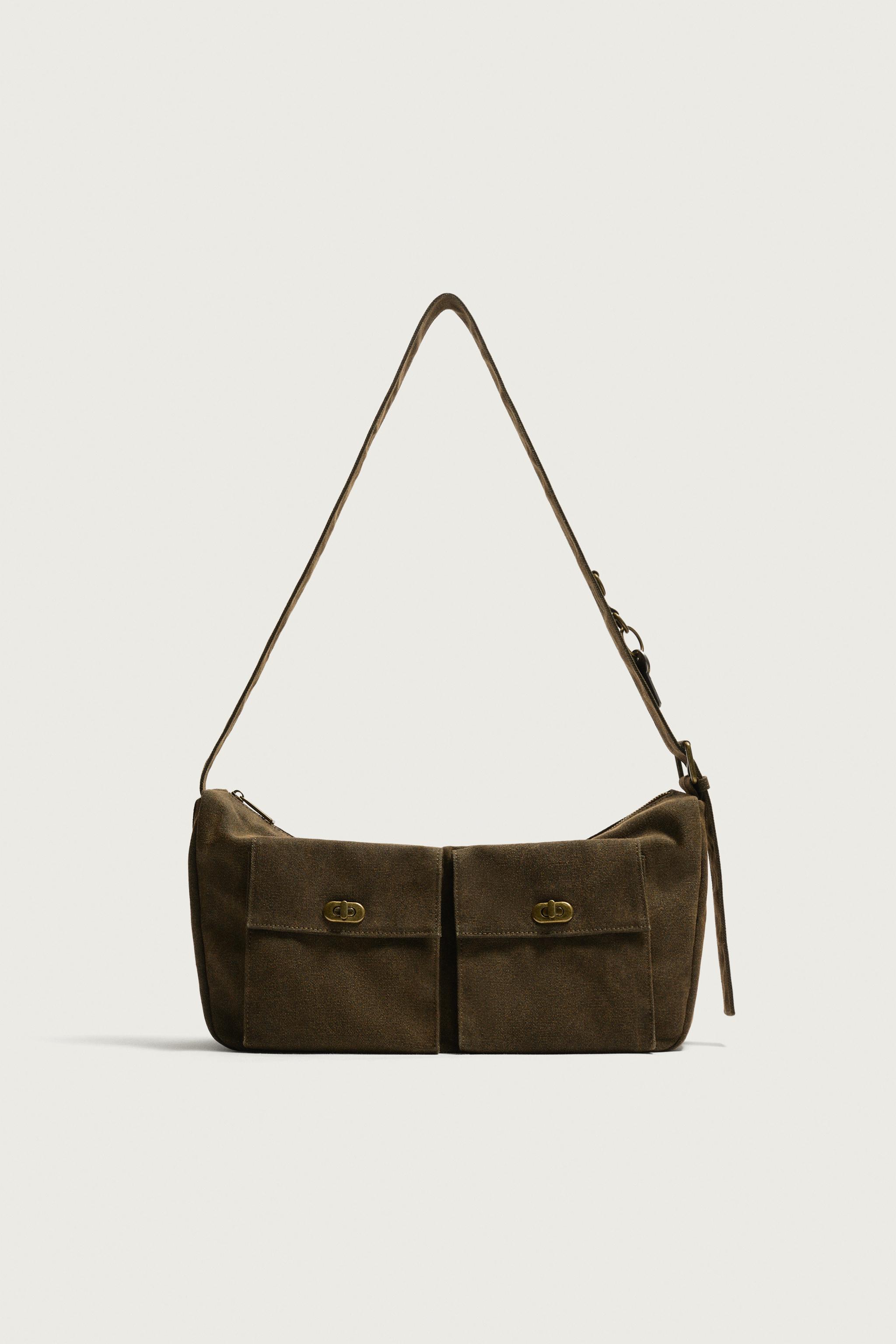 MULTI-POCKET FABRIC SHOULDER BAG — Brown