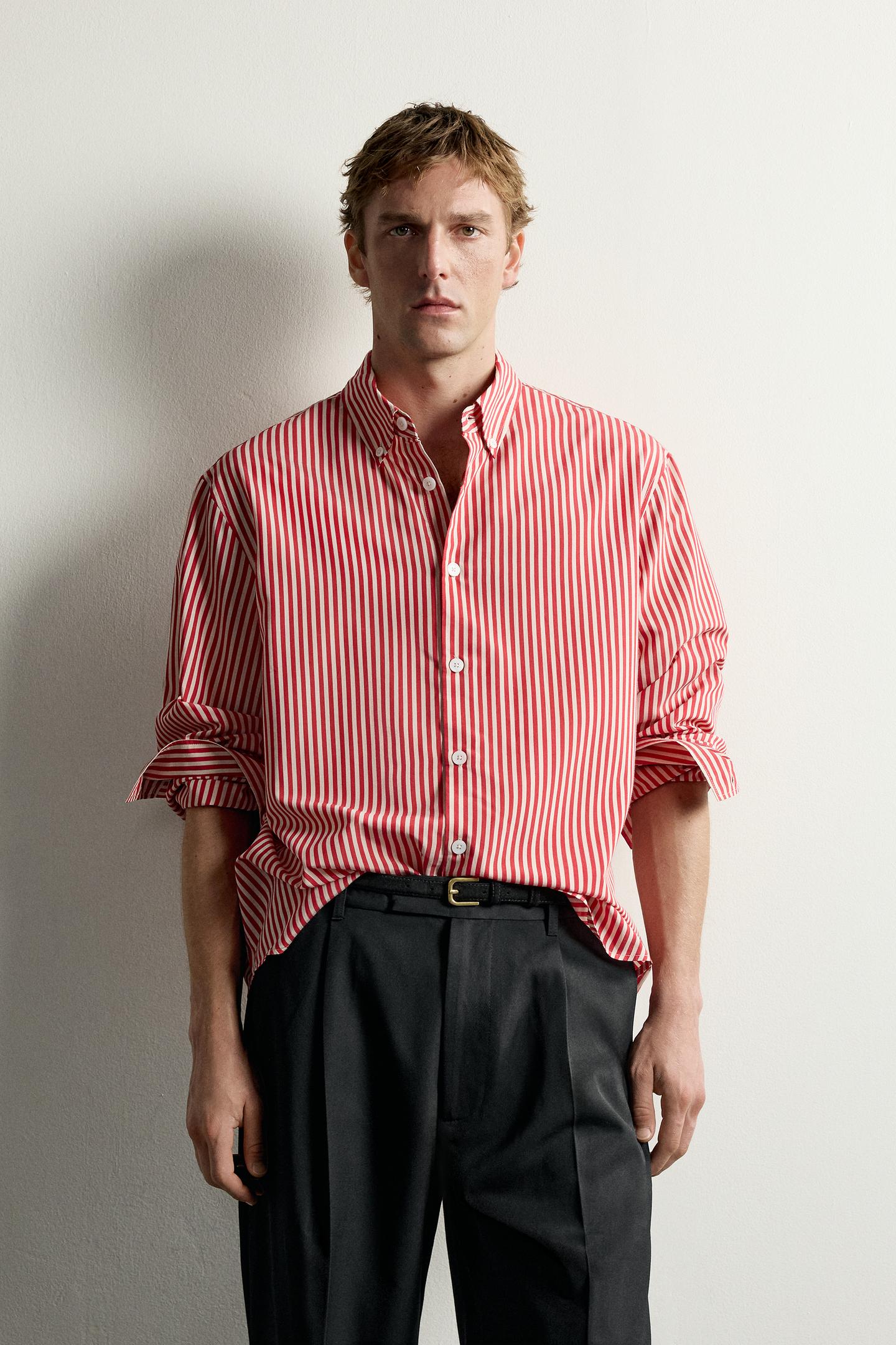 Мужская рубашка Zara Relaxed Fit Striped, цвет: Белый / Красный — фото 2