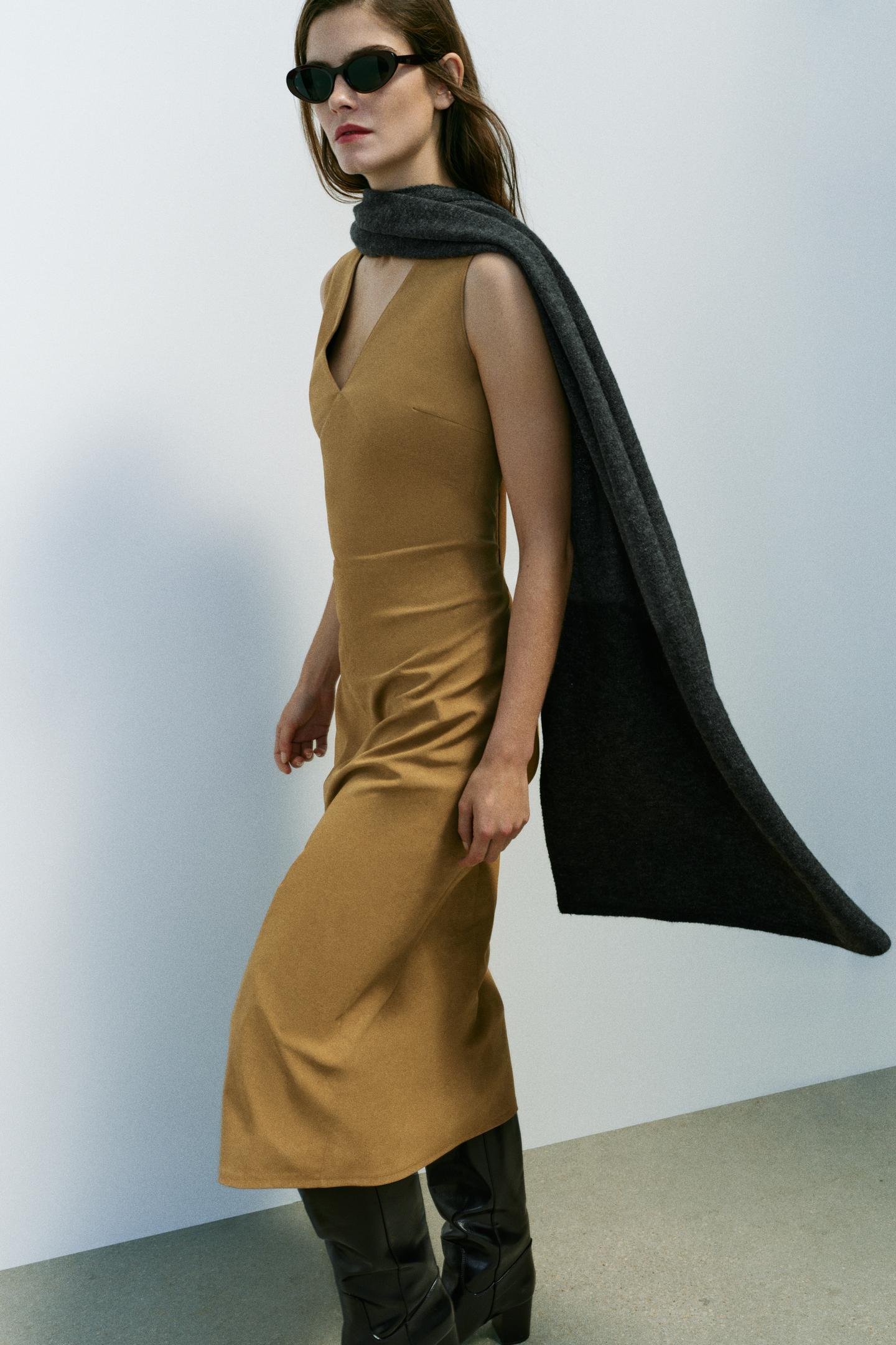 Женское платье Zara MIDI Suede Effect, цвет: Верблюжий — фото 3