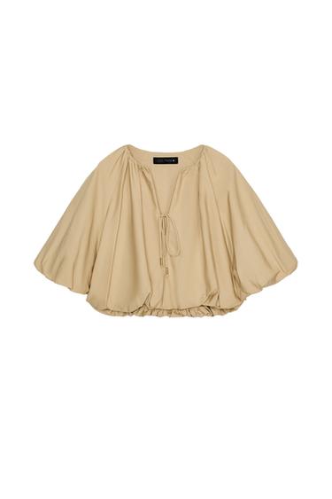 Zara BALLOON POPLIN TOP - taupe brown
