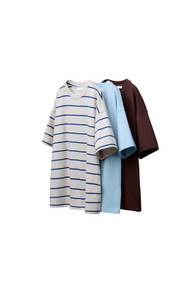 Zara Şarap rengi - 3'LÜ ÇİZGİLİ VE DÜZ T-SHIRT PAKETİ