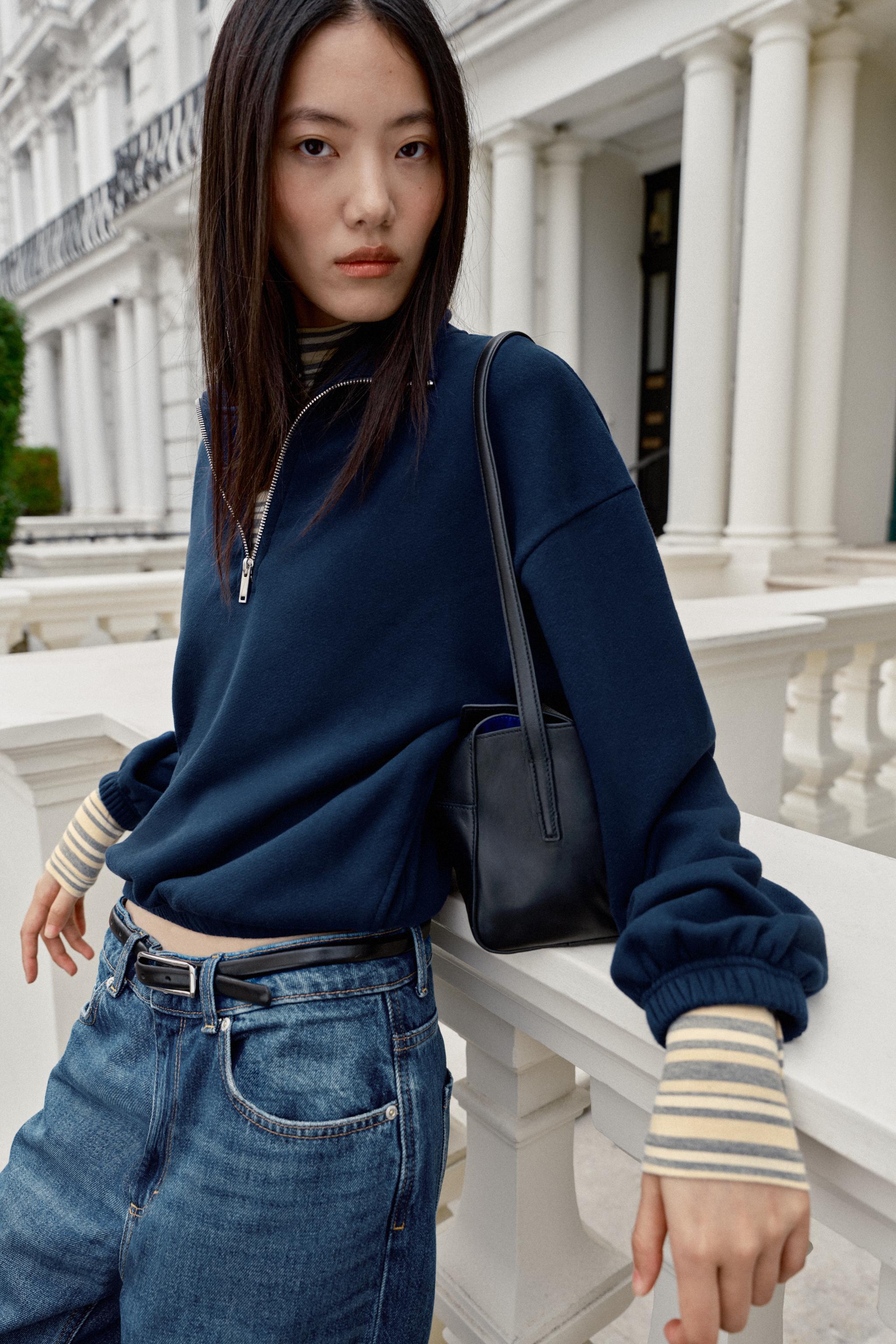 METALLIC ZIPPER SWEATSHIRT — Navy blue
