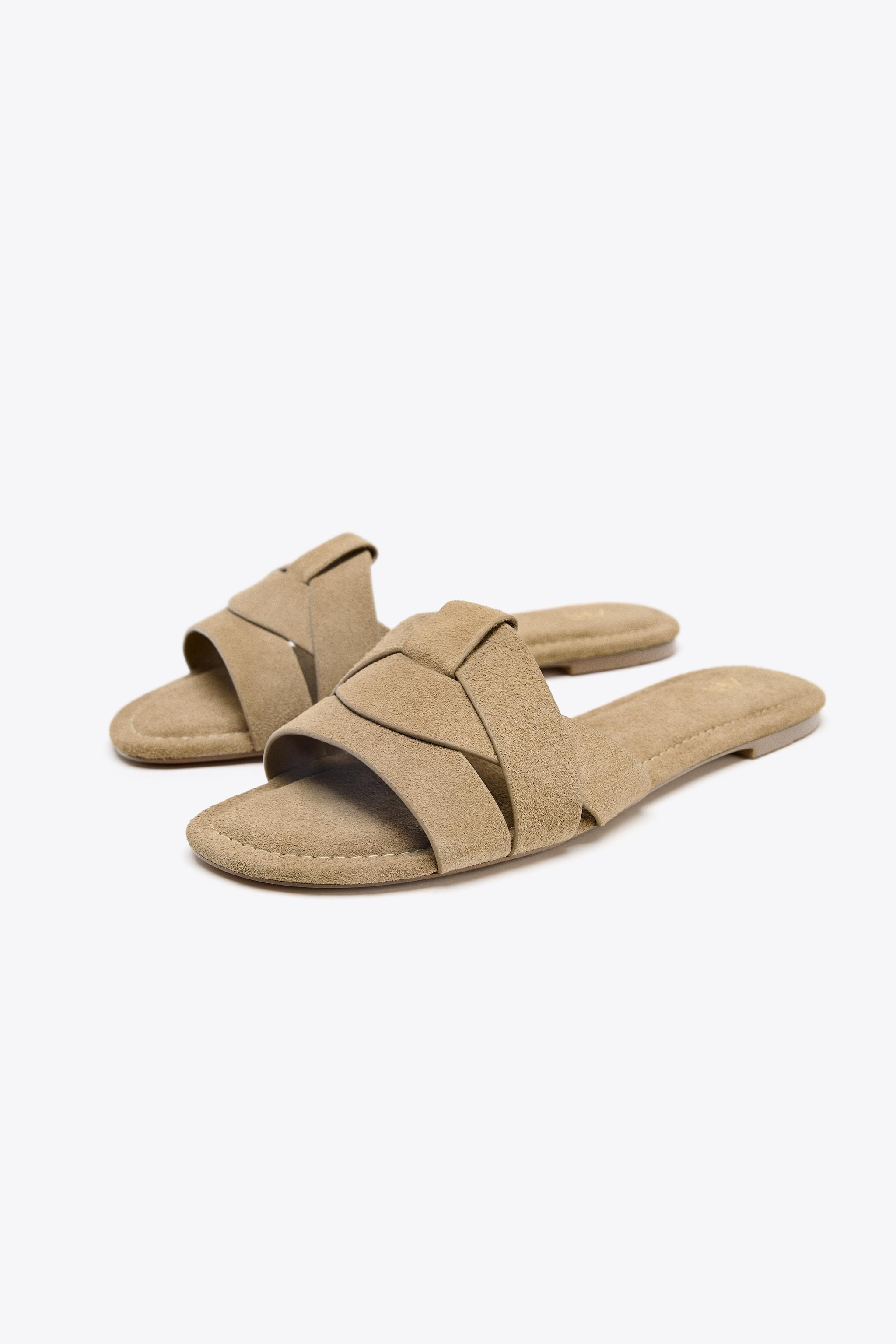 クロス スプリットスエード フラットサンダル - ブラウン | ZARA