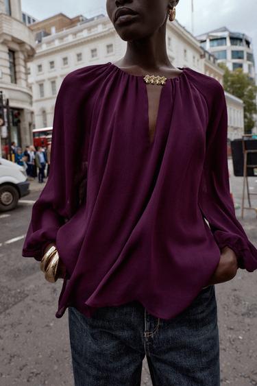 Zara SEMI-SHEER HARDWARE BLOUSE - Dark eggplant