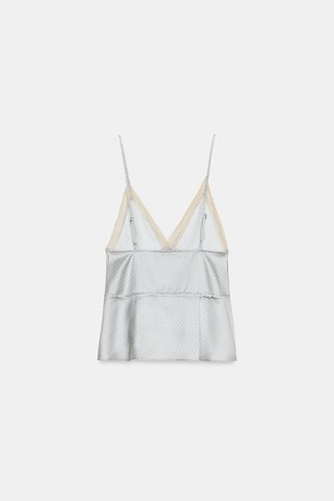 TOP SATINÉ EN DENTELLE - Blanc / Gris de Zara - Image 2