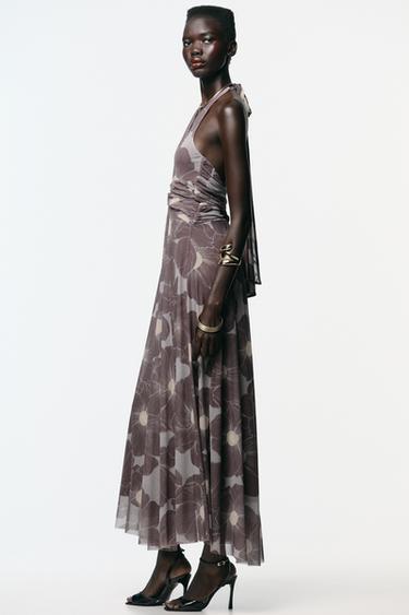 CUT-OUT PRINTED TULLE LONG DRESS - Taupe grey by Zara - Image 3