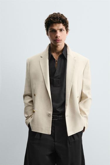 Zara LINEN DOUBLE-BREASTED BLAZER - Ecru / Beige