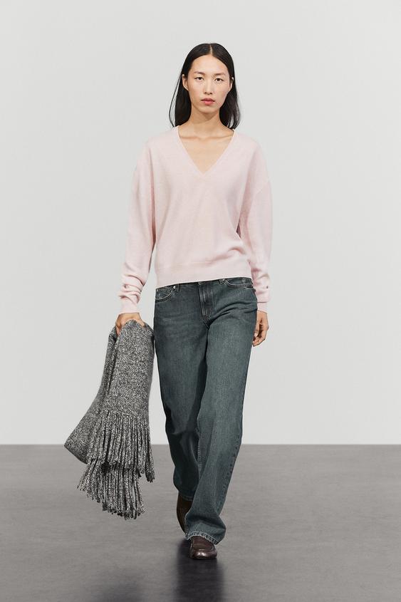 Zara Wool blend knit V-neck sweater - Pale pink - Image 0