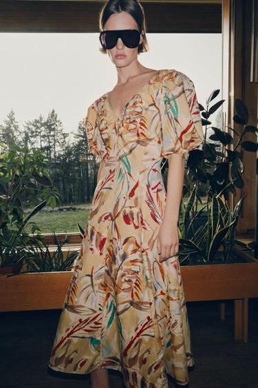 PRINTED MIDI DRESS WITH PUFF SLEEVES - Multicoloured by Zara