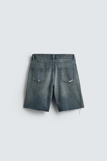 Zara RIPPED DENIM BERMUDA SHORTS - Blue / Green