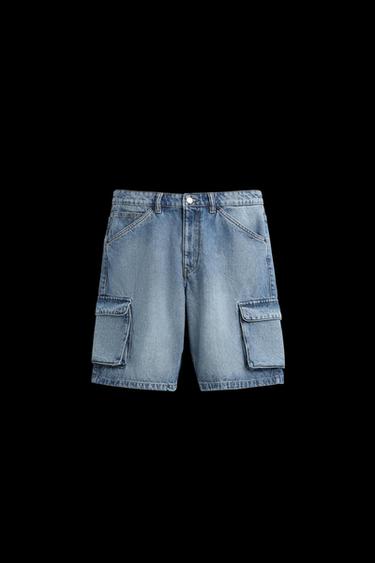 Zara DENIM CARGO SHORTS - Mid-blue