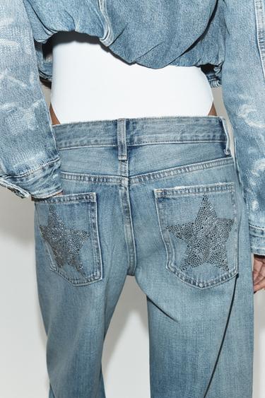 Zara TRF WIDE LEG RHINESTONE LOW RISE JEANS - Blue