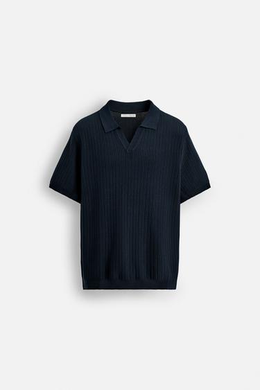 Zara RIBBED KNIT POLO SHIRT - Navy blue