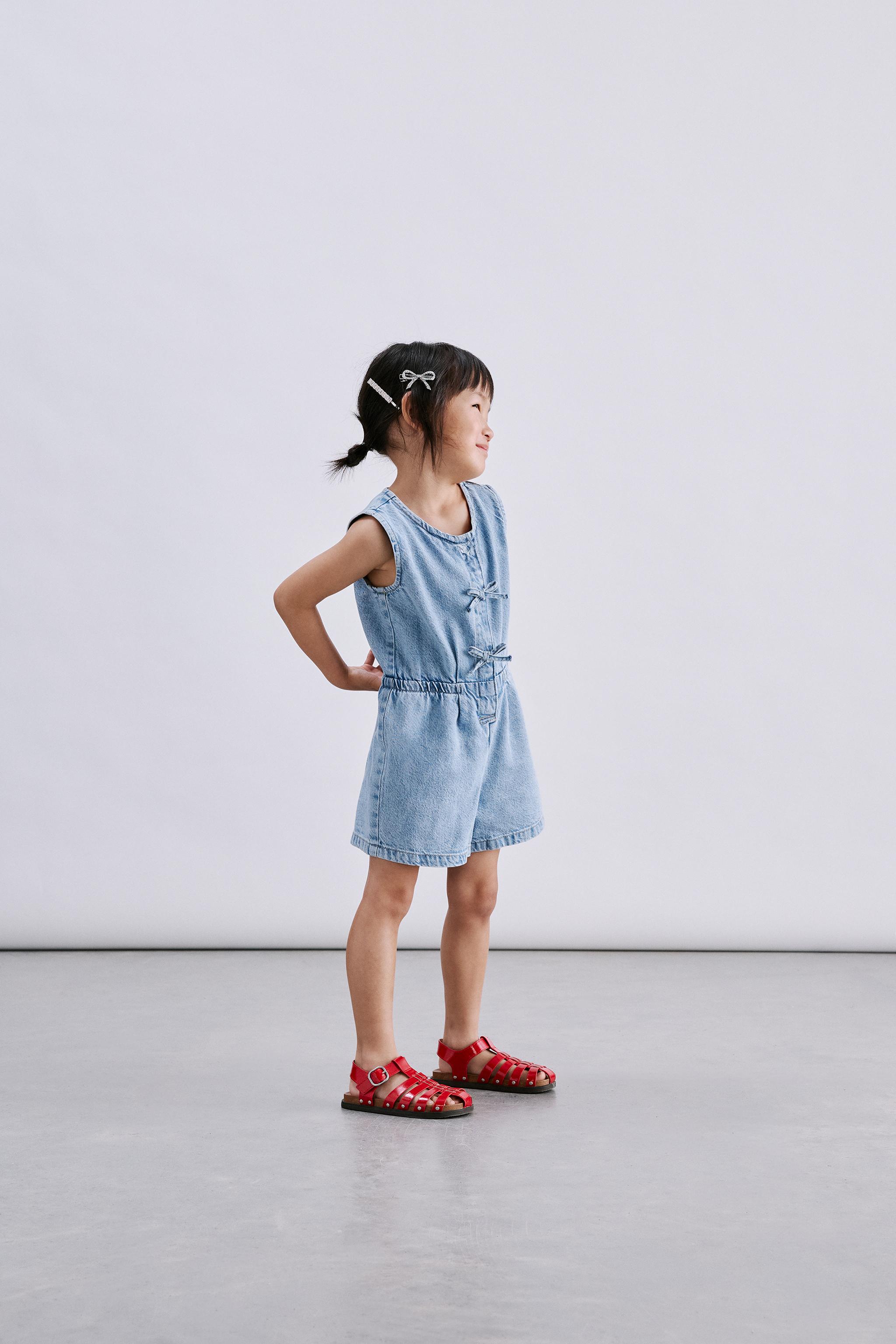 SHORT DENIM JUMPSUIT WITH BOWS — Light blue