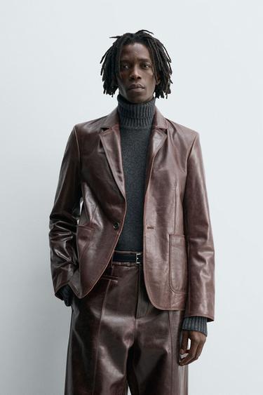 LIMITED EDITION LEATHER SUIT BLAZER - Brown by Zara
