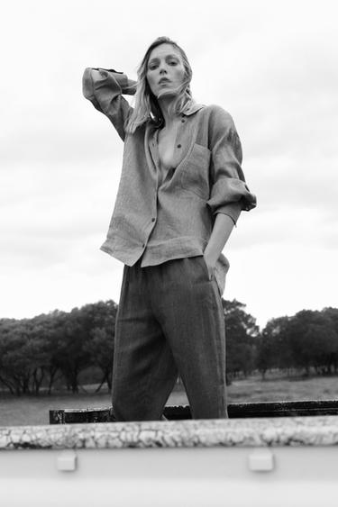 قميص مخطط مزيج كتان ZW COLLECTION - خَام / أزرق الخاص بـ Zara - صورة 0