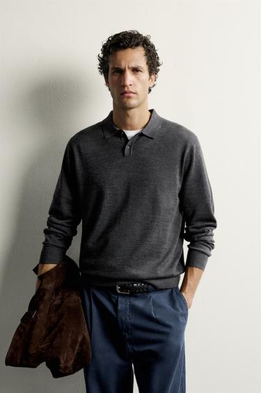 100% WOOL REGULAR FIT KNIT POLO — Anthracite Gray 2