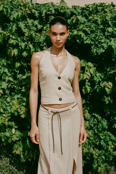 LINEN BLEND MIDI SKIRT WITH BELT - Sand by Zara - Image 2