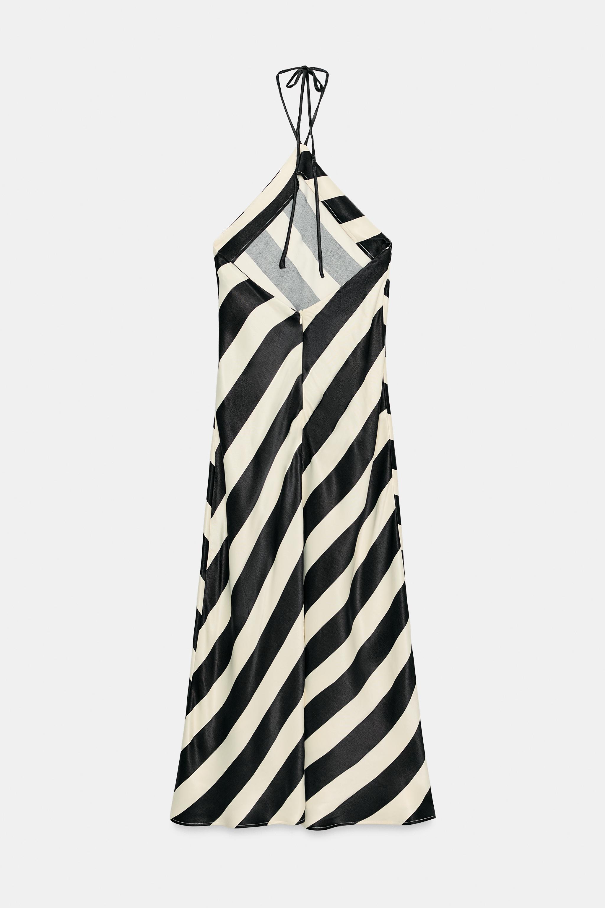 STRIPED MIDI HALTER DRESS