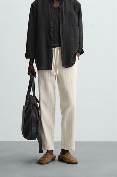 CALÇA JACQUARD LISTRADA - Cru da Zara