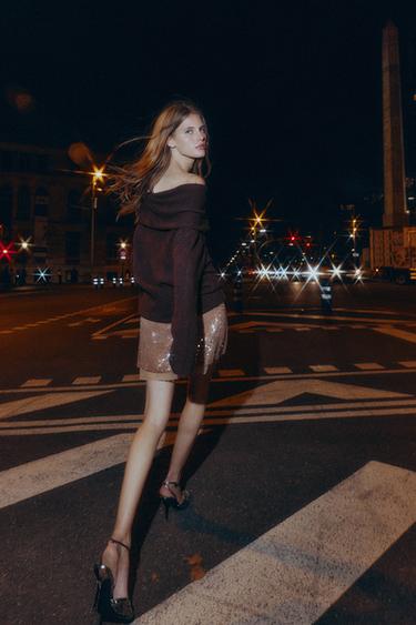 MINI JUPE EN MAILLE À PAILLETTES ET DENTELLE - Vison de Zara