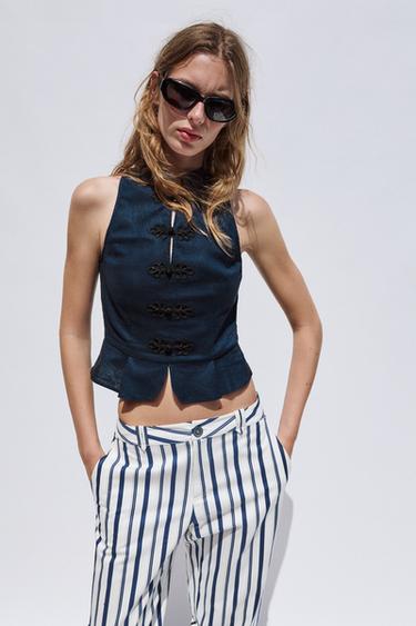 PANTALÓN CHINO RAYAS - Crudo / Marino de Zara