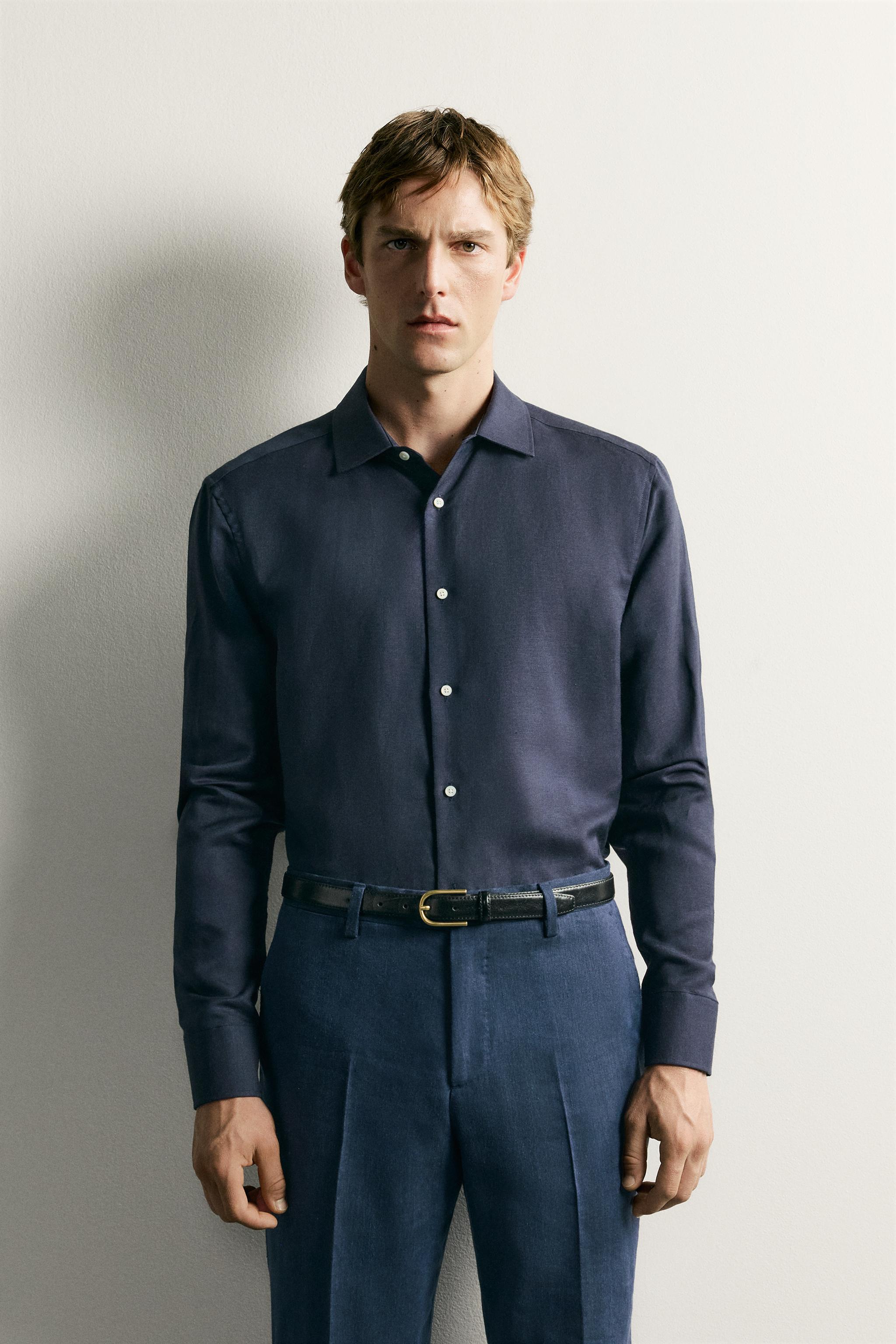 LINEN-LYOCELL REGULAR FIT SHIRT — Navy blue (alternate view)
