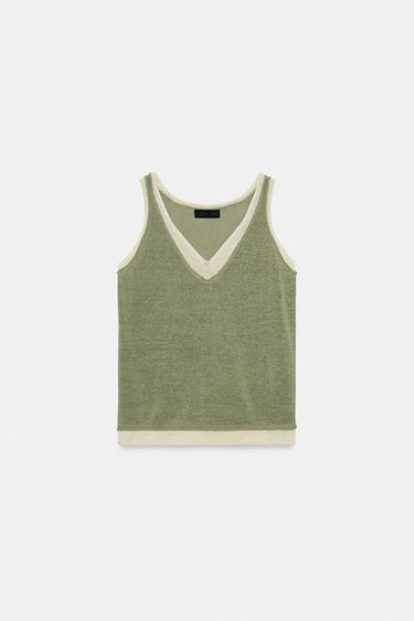 Zara COMBINATION KNIT TOP - Khaki