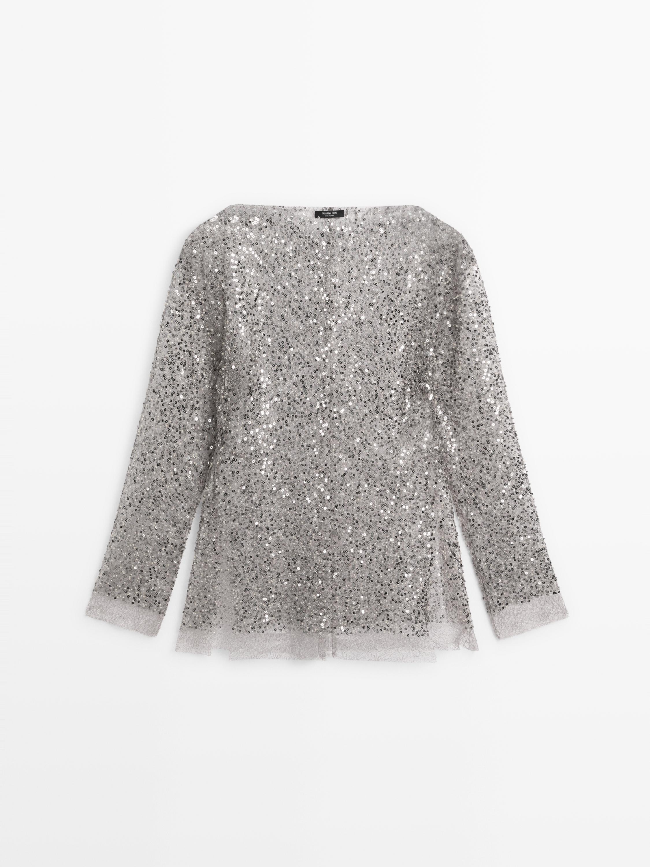Sequinned blouse with cowl neck
