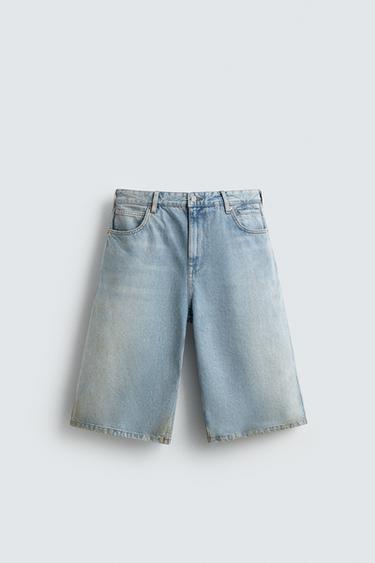 Zara VINTAGE EFFECT BAGGY FIT DENIM SHORTS - Light blue