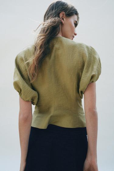 PUFF SLEEVE LINEN BLEND TOP - washed green by Zara - Image 2